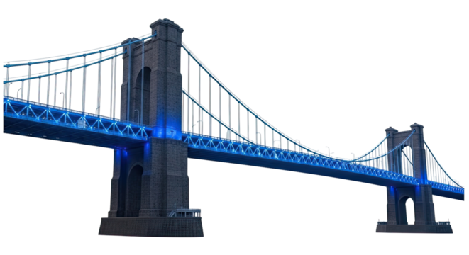 An iconic suspension bridge with grand stone towers and intricate steel cables, brilliantly illuminated with glowing blue lights against a stark black background at night