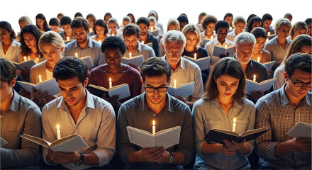 A large, diverse congregation of people holding open books and lit candles during a solemn and peaceful candlelight vigil or religious service in a dark setting