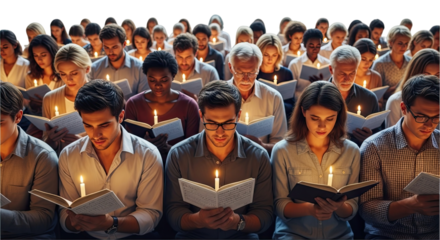 A large, diverse congregation of people holding open books and lit candles during a solemn and peaceful candlelight vigil or religious service in a dark setting