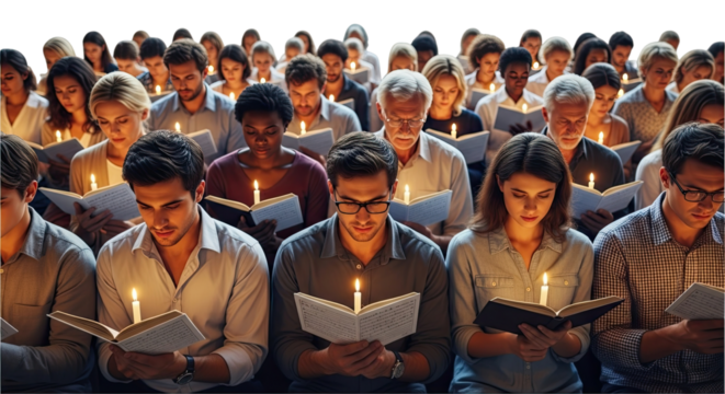 A large, diverse congregation of people holding open books and lit candles during a solemn and peaceful candlelight vigil or religious service in a dark setting