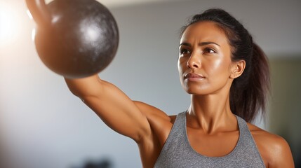 A woman engages in an intense kettlebell workout, showcasing strength and determination in a serene setting