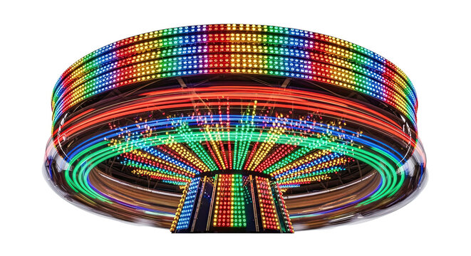 A vibrant spinning carnival ride illuminated with a rainbow of colorful LED lights, creating dynamic light trails against a dark black background