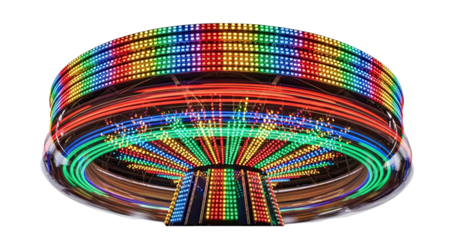 A vibrant spinning carnival ride illuminated with a rainbow of colorful LED lights, creating dynamic light trails against a dark black background