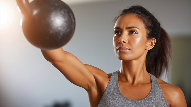 A woman engages in an intense kettlebell workout, showcasing strength and determination in a serene setting