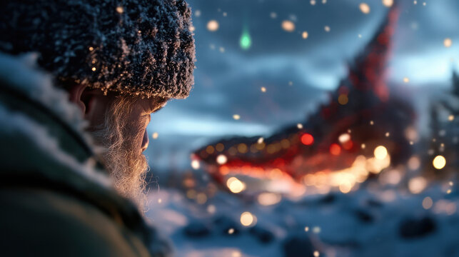 A serene character gazes thoughtfully into the distance as a fiery dragon blazes behind him, blending fantasy elements with the beauty of a winter landscape.