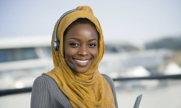 Smiling Muslim woman in hijab with headset working in outdoor space, providing assistance with copy space - Powered by Adobe