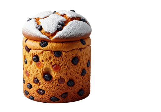 A delicious traditional holiday sweet bread with raisins and candied fruit, topped with powdered sugar and berries, isolated on a minimalist black background for festive celebrations