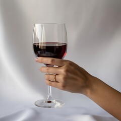A woman's hand with a gold ring holds a glass of red wine against a soft, draped white background. The focus is on the elegance and simplicity of the moment.