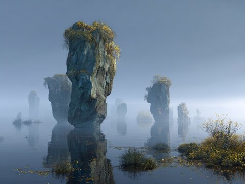 Mysterious rock formations rise above serene waters in foggy morning landscape