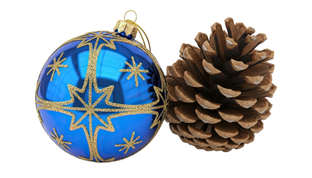 Elegant close-up of a shiny blue holiday ornament decorated with golden glitter snowflakes and a rustic pinecone, a classic festive still life composition on a black backdrop