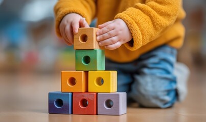 Child focuses on stacking blocks while psychologist observes, promoting learning in a playful environment