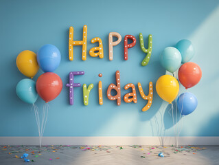 Colorful balloons and cheerful decorations create a festive atmosphere for Happy Friday celebration in a bright room