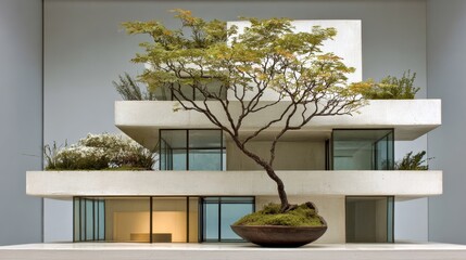 A white house with a tree in a planter on the roof. The house is three stories tall and has a lot of glass windows