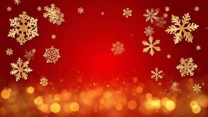 Golden snowflakes gently falling against a vibrant red background, creating a festive atmosphere, with a gradual zoom out revealing shimmering bokeh effects - Powered by Adobe