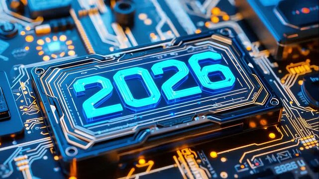 Futuristic digital display showcasing the year 2026 on a circuit board, with dynamic lighting effects and camera zooming in for detail