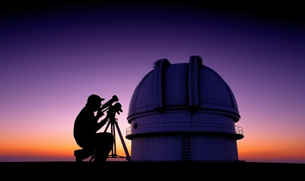 Silhouette of a male astronomer looking through telescope at observatory during beautiful sunset - Powered by Adobe