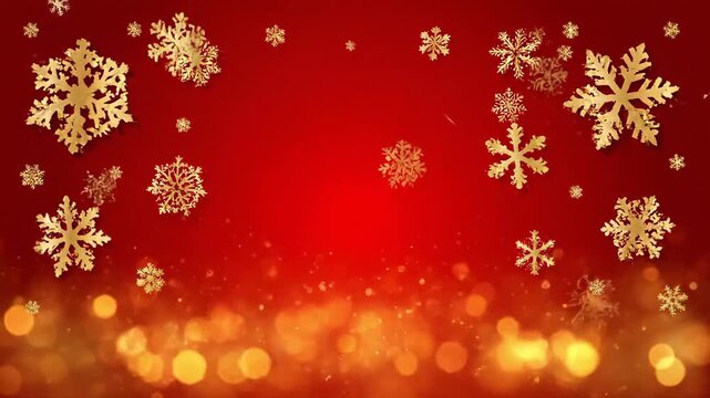 Golden snowflakes gently falling against a vibrant red background, creating a festive atmosphere, with a gradual zoom out revealing shimmering bokeh effects