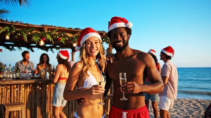 Joyful couple celebrating at a beach bar during holiday festivities, wearing Santa hats, with friends in the background, camera zooms in on their smiles - Powered by Adobe