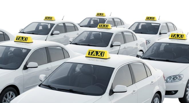A large fleet of identical white taxi cars with yellow signs on the roof, neatly arranged and isolated on a plain black background, representing a modern transportation service