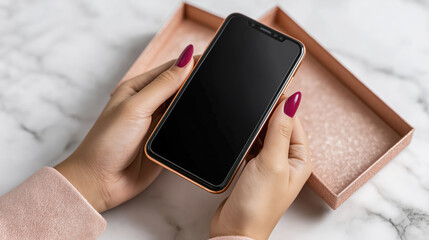 A woman holds a new smartphone above a pink box, showcasing a clean and elegant unboxing experience
