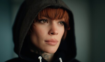 A young woman in a hoodie reflects peacefully, bathed in soft light with space for text