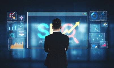 SEO concept for improving SEO visibility, with SEO related digital tools and SEO performance icons shown in an focused layout for strategic marketing. Spline