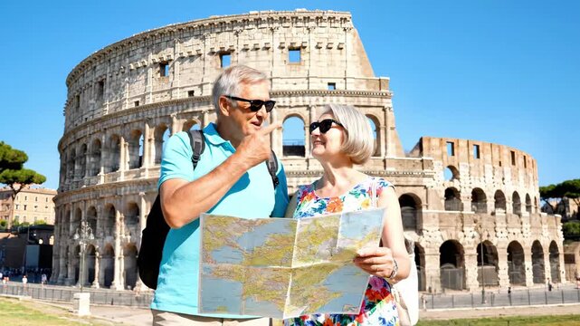 Elderly couple exploring historical site, examining map with excitement, camera zooms in on their joyful expressions, capturing the essence of travel and discovery