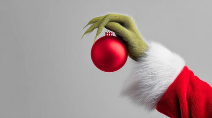 A green hand holding a red Christmas ornament. The ornament is a small ball with a green stem
