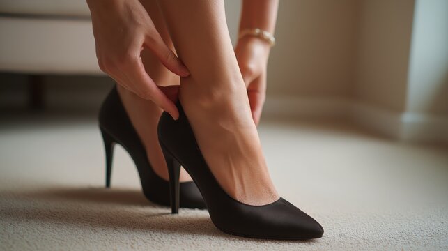 A woman is taking off her high heels in a comfortable indoor setting with soft lighting and blurred surroundings