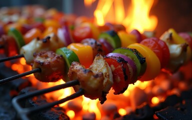 Colorful vegetable and meat skewers, perfectly charred and grilling against vibrant flames, evoke memories of joyful summer nights spent sharing delicious food with loved ones. High quality