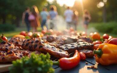 Abundant outdoor feast featuring grilled meats and vegetables creating a joyful atmosphere for a summer gathering. High quality