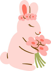 Doodle Style Bunny Holding Flower Bouquet