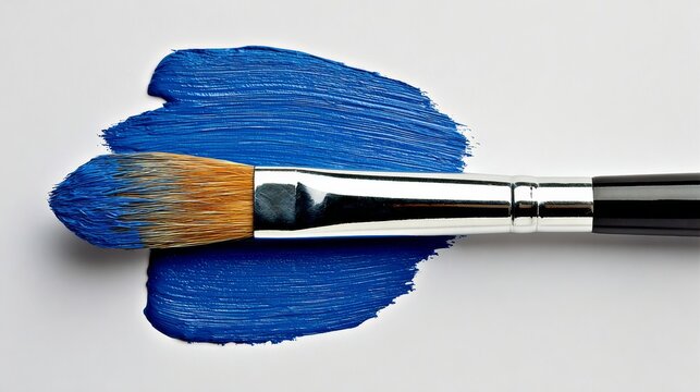 A blue paint brush is laying on a blue paint stroke. The brush is silver and black. The brush is laying on a white background