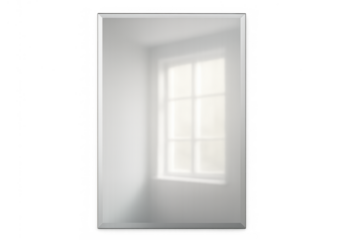Rectangular wall mirror reflecting a bright room interior with natural sunlight streaming through a window, transparent background element