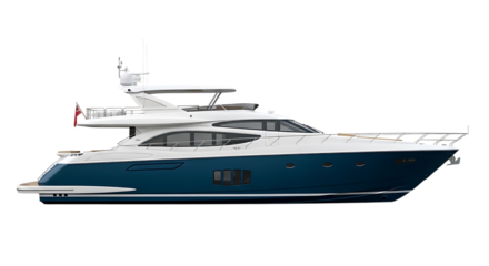Luxury motor yacht, with white superstructure and blue hull docked, isolated on transparent background. PNG