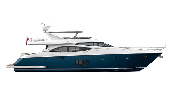 Luxury motor yacht, with white superstructure and blue hull docked, isolated on transparent background. PNG