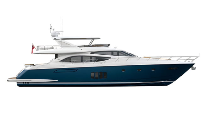 Luxury motor yacht, with white superstructure and blue hull docked, isolated on transparent background. PNG