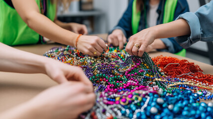 Volunteers sorting colorful Mardi Gras beads for recycling. Close-up of hands working together. Community teamwork and sustainability concept