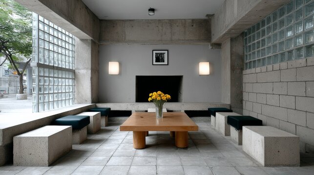 A room with a fireplace and a table with a vase of yellow flowers on it. The room is empty and has a modern, minimalist design