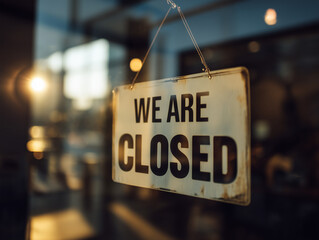 Store sign indicating closure in evening light with reflections and warm tones