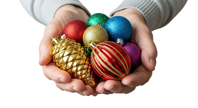 A person wearing a warm sweater carefully holds a collection of shiny and glittery multicolored holiday baubles in their cupped hands, isolated on black