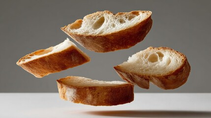 A close up of four pieces of bread flying through the air. The bread is brown and has a crispy texture. Concept of freedom and lightness, as the bread slices seem to be defying gravity
