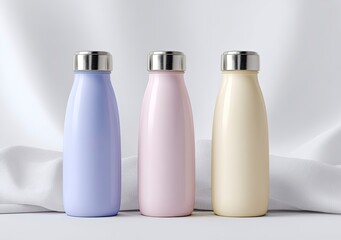 Three pastel insulated bottles, mockup