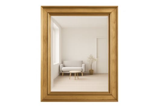 Wooden frame mirror reflecting a minimalist living room interior with modern furniture on transparent background