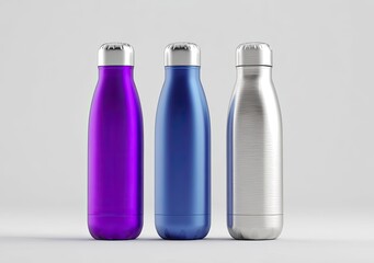 Three insulated bottles: purple, blue, silver