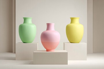 Three pastel vases on white cubes