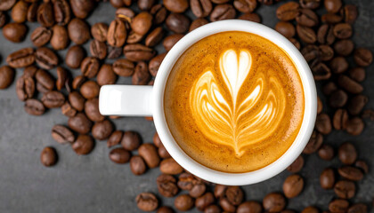 Top View of Latte Art in White Cup Surrounded by Roasted Coffee Beans. Generated Image