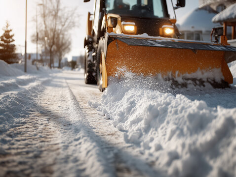 Snow removal vehicle clears residential street during winter afternoon