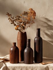 Dried flowers in wooden vase with bottles