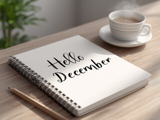 Notebook with hello december written on the cover beside a cup of coffee and a plant on a wooden desk